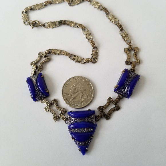 Relisted-Vintage Art Deco necklace blue glass silver tone choker - Picture 9 of 17